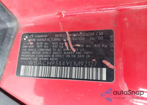 2000 BMW Z3 2.3 from USA, damaged, VIN WBACH9344YLM92127